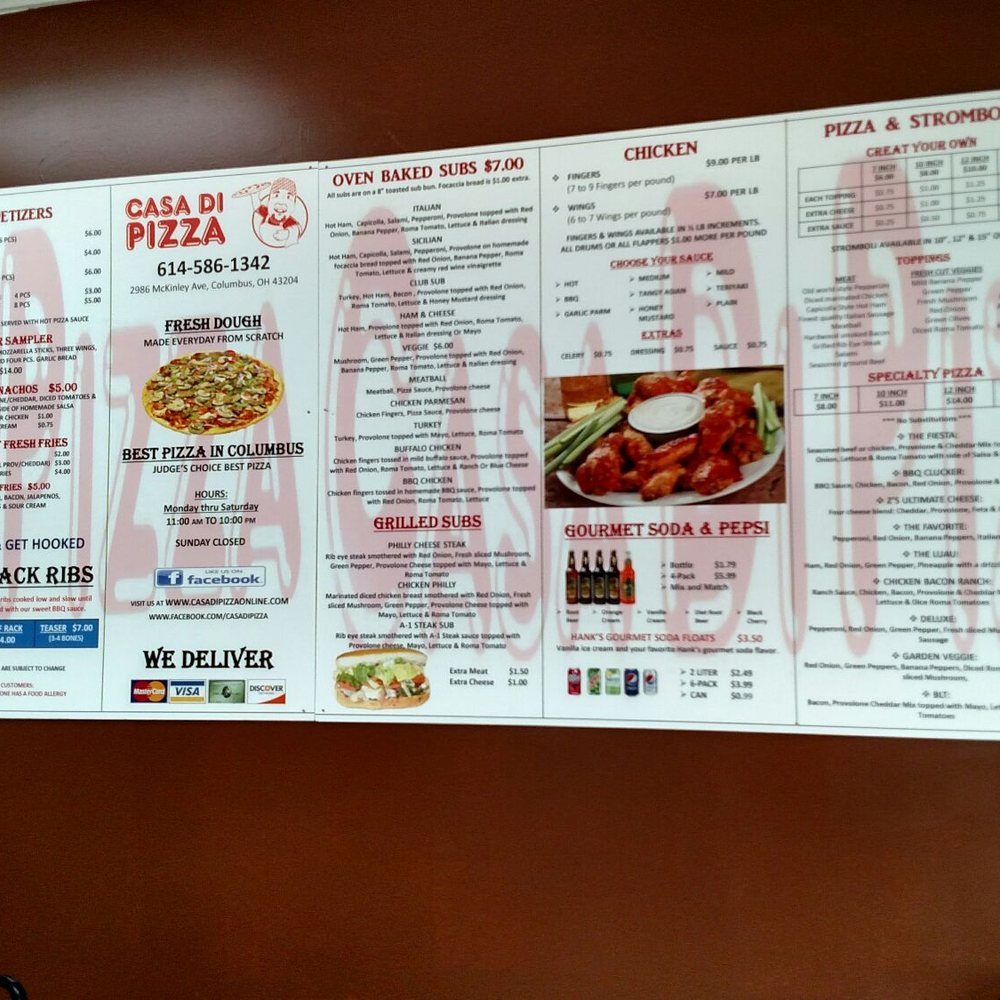 Casa Di Pizza - Menu posted on wall so you can figure out what you want before ordering. No excuse for holding up the line. - Pizza Near Me - Columbus, Ohio Casa Di Pizza - Menu posted on wall so you can figure out what you want before ordering. No excuse for holding up the line. - Pizza Near Me - Columbus, Ohio