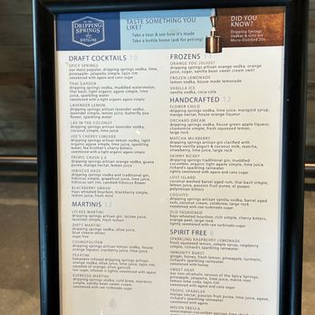 Dripping Springs Distilling - Drink menu circa July, 2026 - Distilleries Near Me - Dripping Springs, Texas