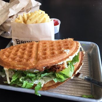 Bruxie - Nashville Hot chicken and waffle sandwich, with waffle fries - Breakfast & Brunch Near Me - Brea, California Bruxie - Nashville Hot chicken and waffle sandwich, with waffle fries - Breakfast & Brunch Near Me - Brea, California