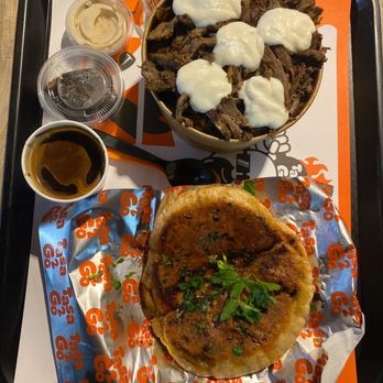 Tasa2Go - shawarma fattah (top) and hawawshi (bottom) and turkish coffee - Egyptian Near Me - Fullerton, California