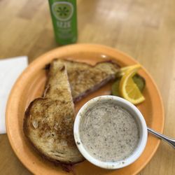 The Bake Shop - Grilled ham and cheese, cup of mushroom soup and Izzie. $20.