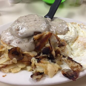 Chat n Chew Cafe - Daily special #2 - country fried chicken over biscuits, smothered in sausage gravy accompanied by 2 eggs and home fries. YUM!!! - American Near Me - Blakeslee, Pennsylvania