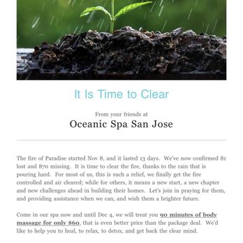 Cloud 9 Foot Spa - Promotional email from Oceanic Foot Spa, using the Butte County/Paradise fires, for their own professional gain. - Massage Near Me - San Jose, California Cloud 9 Foot Spa - Promotional email from Oceanic Foot Spa, using the Butte County/Paradise fires, for their own professional gain. - Massage Near Me - San Jose, California