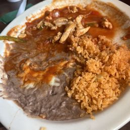 Chicken, with vegetables, in red sauce with beans and rice. Chicken, with vegetables, in red sauce with beans and rice.