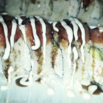 Sushi Kinoya - Crunchy spicy tuna roll- CA Roll inside and spicy tuna on top with eel sauce and white sauce. - Japanese Near Me - Moreno Valley, California