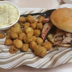 Benji's - Moist brisket sandwich, fried okra, and potato salad.
