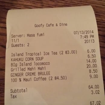 Goofy Cafe & Dine - Our check... awesome for a delicious meal! - Cafes Near Me - Honolulu, Hawaii Goofy Cafe & Dine - Our check... awesome for a delicious meal! - Cafes Near Me - Honolulu, Hawaii
