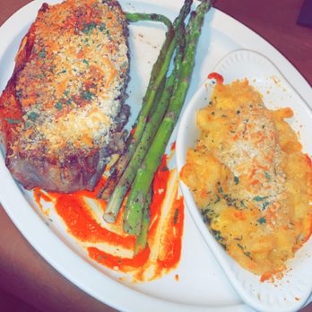 Boots Steakhouse - Parmesan topped/crusted New York Strip, asparagus, Mac and cheese - Steakhouses Near Me - Dillsboro, North Carolina Boots Steakhouse - Parmesan topped/crusted New York Strip, asparagus, Mac and cheese - Steakhouses Near Me - Dillsboro, North Carolina