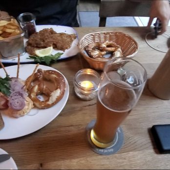Schiller Bräu - Obatzda with onions and pretzel, schnitzel and fries - Bavarian Near Me - Munich, BY Schiller Bräu - Obatzda with onions and pretzel, schnitzel and fries - Bavarian Near Me - Munich, BY