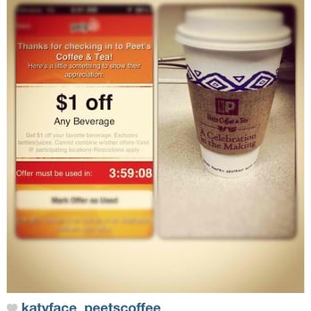 Peet's Coffee - Yeah a dollar off because I checked in with yelp - Coffee & Tea Near Me - Fairfield, California Peet's Coffee - Yeah a dollar off because I checked in with yelp - Coffee & Tea Near Me - Fairfield, California
