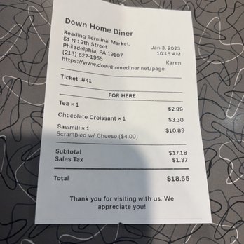 Down Home Diner - a receipt on a table - Diners Near Me - Philadelphia, Pennsylvania Down Home Diner - a receipt on a table - Diners Near Me - Philadelphia, Pennsylvania