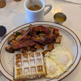 Belgian Waffle Works - Belgium Breakfast with Bacon. - Burgers Near Me - Lake Arrowhead, California Belgian Waffle Works - Belgium Breakfast with Bacon. - Burgers Near Me - Lake Arrowhead, California