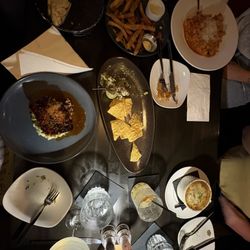 Salmon entree, French onion soup, spicy lobster pasta, crab and guac, fried zucchini