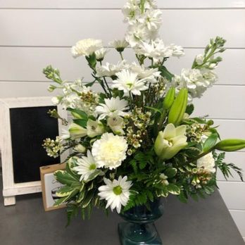 Blessed Blossoms - Traditional floral designed arrangement.  All whites in green glass pedestal vase. - Florists Near Me - Neodesha, Kansas