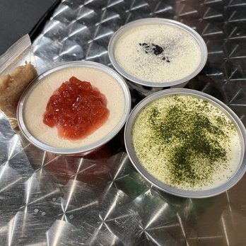 Doanburi - Trio Strawberry Shortcake Flan, Matcha, and Black Sesame - Japanese Near Me - Las Vegas, Nevada Doanburi - Trio Strawberry Shortcake Flan, Matcha, and Black Sesame - Japanese Near Me - Las Vegas, Nevada