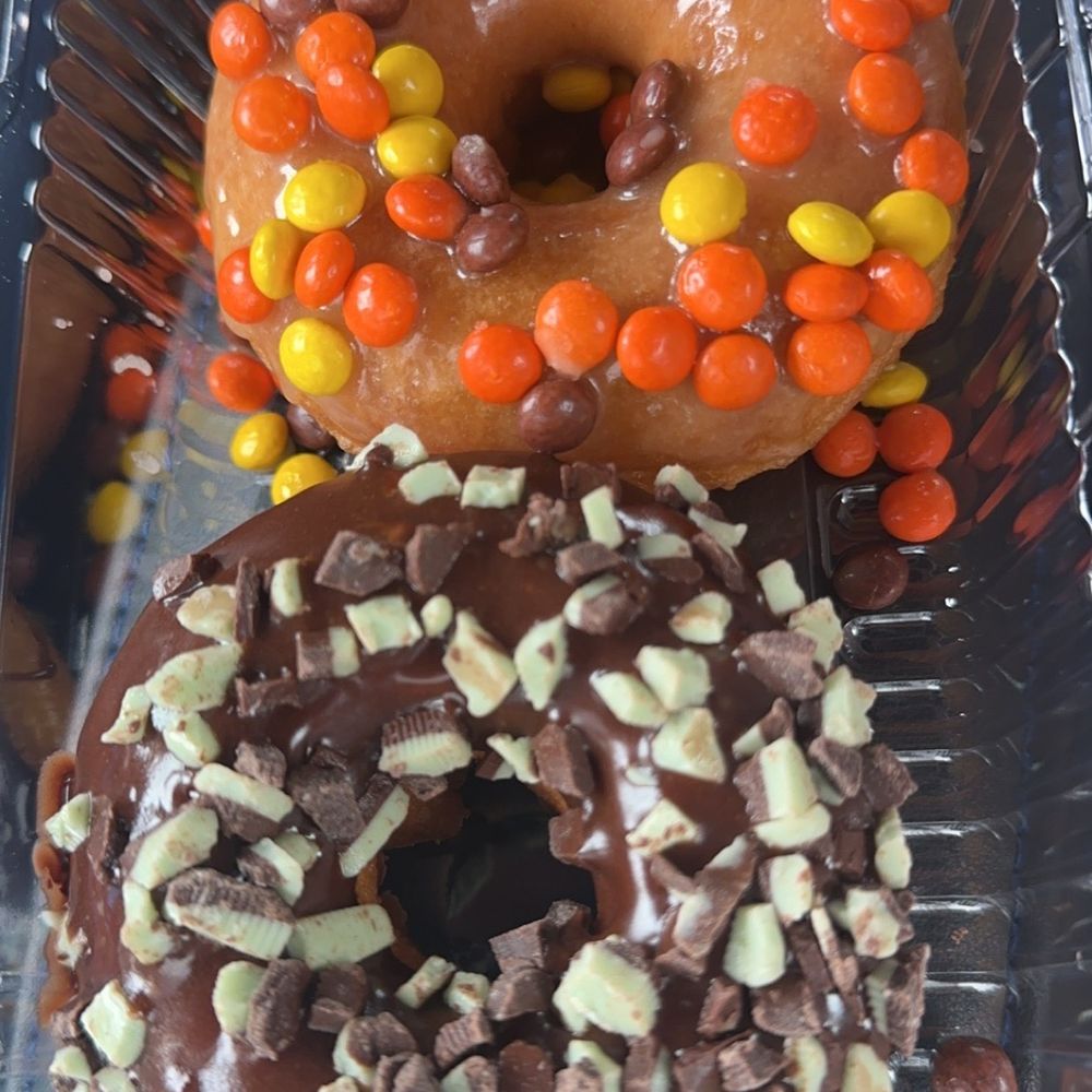Peanut Butter icing with Reese's Pieces & Chocolate Icing with Andes Mint Peanut Butter icing with Reese's Pieces & Chocolate Icing with Andes Mint