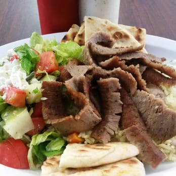 Mikonos Grill - #9 open face gyro meat, salad and rice. - Greek Near Me - Milpitas, California