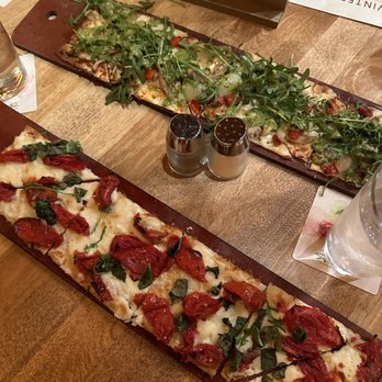 Seasons 52 - Pesto Chicken and Fresh Mozzarella Flatbread and the Roasted Tomato Flatbread - New American Near Me - Kansas City, Missouri Seasons 52 - Pesto Chicken and Fresh Mozzarella Flatbread and the Roasted Tomato Flatbread - New American Near Me - Kansas City, Missouri