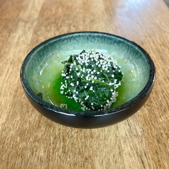 Sushi Koshō - Chilled spinach with sesame miso dressing puffed rice pearls - Sushi Bars Near Me - Sebastopol, California Sushi Koshō - Chilled spinach with sesame miso dressing puffed rice pearls - Sushi Bars Near Me - Sebastopol, California