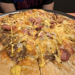 Motor Cafe - Detroit Coney Island Pizza. The crust tasted kind of frozen, but the combination flavors was otherwise excellent.