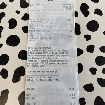 Firehouse Subs - Receipt - Sandwiches Near Me - Sevierville, Tennessee Firehouse Subs - Receipt - Sandwiches Near Me - Sevierville, Tennessee