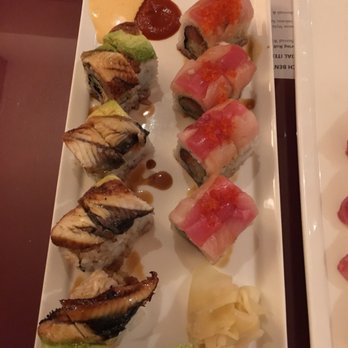 Crystal Fish - A couple of delicious rolls! Dragon on the left, something with spicy yellowtail on the right. - Japanese Near Me - Monterey, California Crystal Fish - A couple of delicious rolls! Dragon on the left, something with spicy yellowtail on the right. - Japanese Near Me - Monterey, California