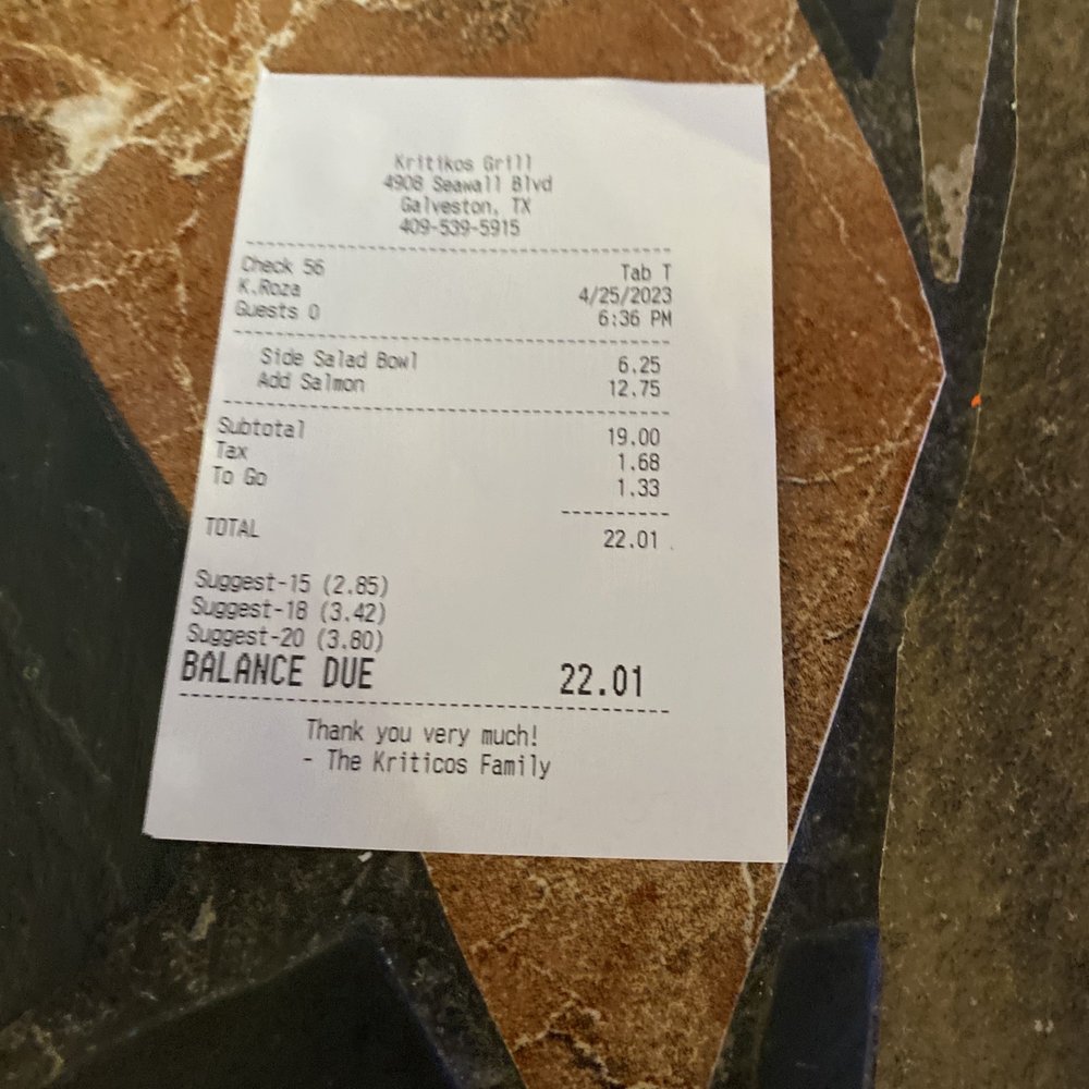 Kritikos Grill - Proof of charges - American Near Me - Galveston, Texas