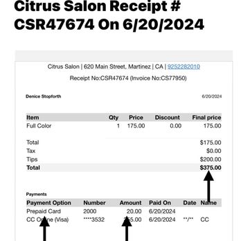 Citrus Salon - Unauthorized $375.00 charge & unauthorized $20.00 sent to someone's "pre paid debit card" - Hair Salons Near Me - Martinez, California