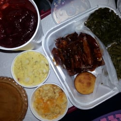 Mama Lucy's Homestyle Cooking - Rib dinner with collard greens & string beans. Side order or mac-n-cheese & potato salad. Kool aid & sweet potato pie! Yummy!!!