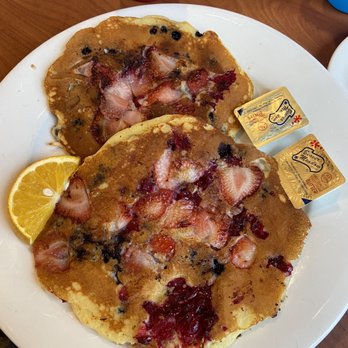 Sound Bites Cafe - Three berry (blueberry, strawberry, raspberry) pancakes. - Breakfast & Brunch Near Me - Somerville, Massachusetts