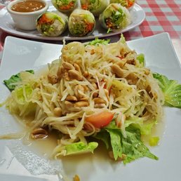 Vegan papaya salad, no fish sauce, and vegan garden rolls with tofu.