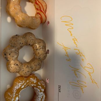 Mochinut San Leandro - (Left to right) Peach. Black sesame. Mango funnel cake. - Donuts Near Me - San Leandro, California