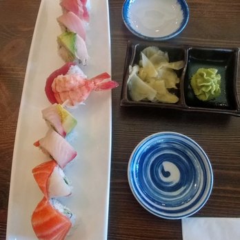 Hana Sushi - Rainbow Roll with fresh ginger and wasabi. - Sushi Bars Near Me - Menifee, California Hana Sushi - Rainbow Roll with fresh ginger and wasabi. - Sushi Bars Near Me - Menifee, California