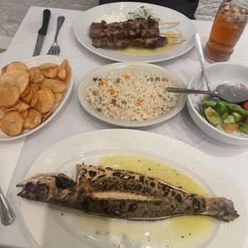 Bahari Estiatorio - Grilled Branzino   Mediterranean Striped Bass Pork Souvlaki - Greek Near Me - Astoria, New York