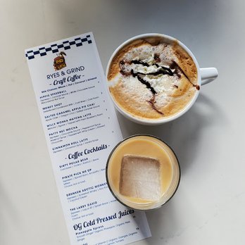 Rye's and Grind - Mocha (sans booze) and Drunken Arctic Monkey - both great! - Breakfast & Brunch Near Me - Oceanside, California Rye's and Grind - Mocha (sans booze) and Drunken Arctic Monkey - both great! - Breakfast & Brunch Near Me - Oceanside, California