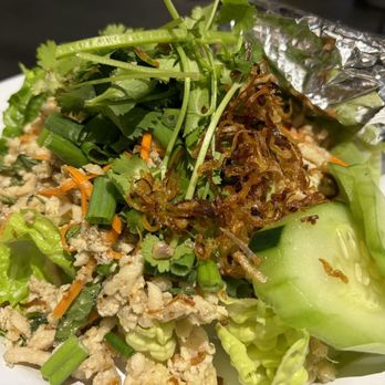 78 Thai Kitchen - LARB GAI (ground chicken salad with a fresh herbs, toasted rice powder, lime dressing, and fried scallions) with cucumbers and sticky rice - Thai Near Me - Carlsbad, California 78 Thai Kitchen - LARB GAI (ground chicken salad with a fresh herbs, toasted rice powder, lime dressing, and fried scallions) with cucumbers and sticky rice - Thai Near Me - Carlsbad, California