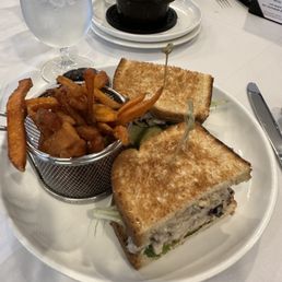 Chicken salad sandwich with sweet potato fries