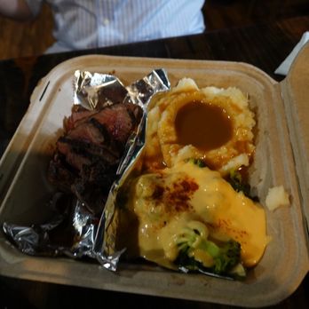 Boudicca’s Celtic Pub - Steak with mashed potatoes with beer cheese covered broccoli - Irish Pub Near Me - Gatlinburg, Tennessee