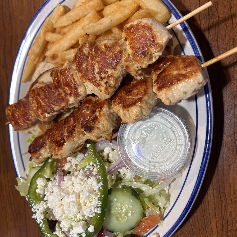 Santorini - Chicken souvlaki 1/2 salad and 1/2 fries platter - Greek Near Me - High Point, North Carolina Santorini - Chicken souvlaki 1/2 salad and 1/2 fries platter - Greek Near Me - High Point, North Carolina