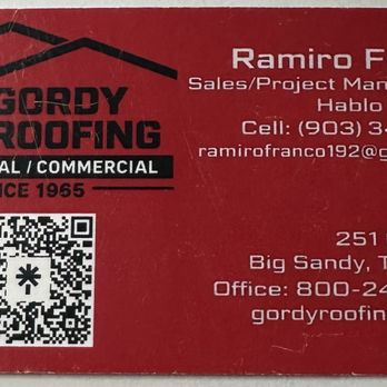 Gordy Roofing - Gordy Roofing Business Card - Roofing Near Me - Hawkins, Texas