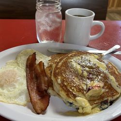 The Lumberjak Shak - Breakfast special, two blueberry pancakes eggs and bacon