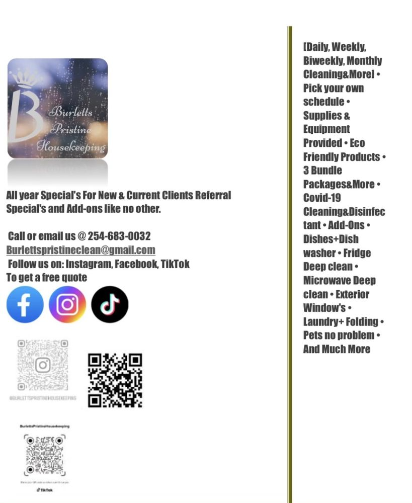 BURLETTS PRISTINE HOUSEKEEPING Updated July 2024 Request a Quote