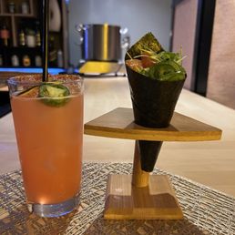 Fire Blossom cocktail & King Salmon, lime miso hand roll