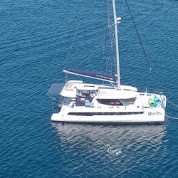 Marina Sailing - Quiver, our Leopard 45 catamaran sitting on its mooring at the Isthmus, Catalina Island.  Another great day on the water with Marina Sailing