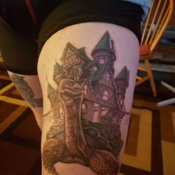 Main Street Tattoo and Rachell's Massage - Tortoise with city on his back