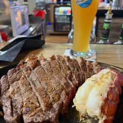 Brickyard Lanes - 16oz Ribeye steak with fresh steamed lobster tail and warm butter