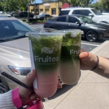 Fruitea Refreshers - Strawberry shortcake Matcha with oat milk and Banana Brown Sugar Matcha Latte with oat milk - Bubble Tea Near Me - San Jose, California