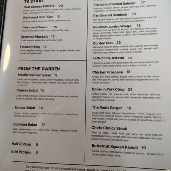 The Radix - The Radix menu displays starters, garden salads, and chef's specials including salmon, chicken, and pork dishes, with prices listed. - Salad Near Me - Cuba, New York