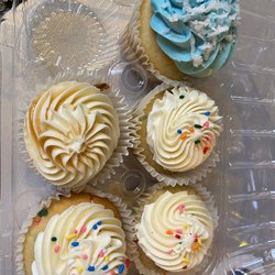 Glitter Quake Cupcakes - Top left - banana foster  Bottom left - birthday cake  Top right - coconut  Middle right and bottom right - birthday cake