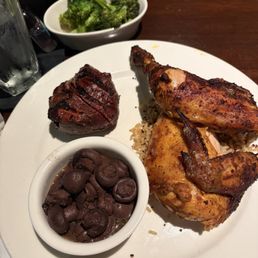 Chicken, steak, broccoli, and mushrooms